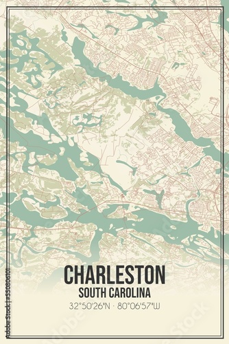 Retro US city map of Charleston  South Carolina. Vintage street map.
