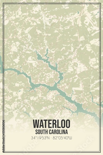 Retro US city map of Waterloo  South Carolina. Vintage street map.