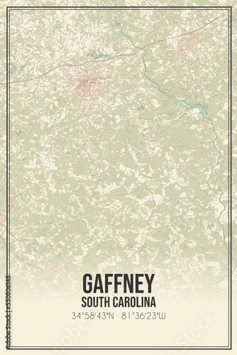 Retro US city map of Gaffney, South Carolina. Vintage street map. photo