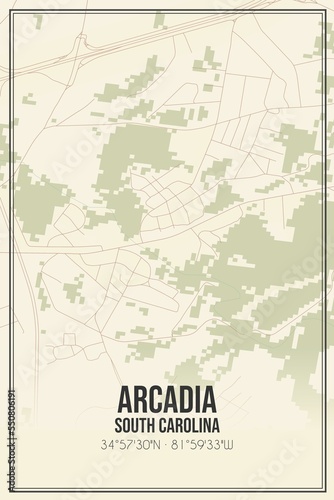 Retro US city map of Arcadia, South Carolina. Vintage street map.
