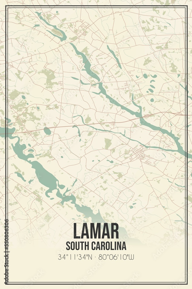 Retro US city map of Lamar, South Carolina. Vintage street map.