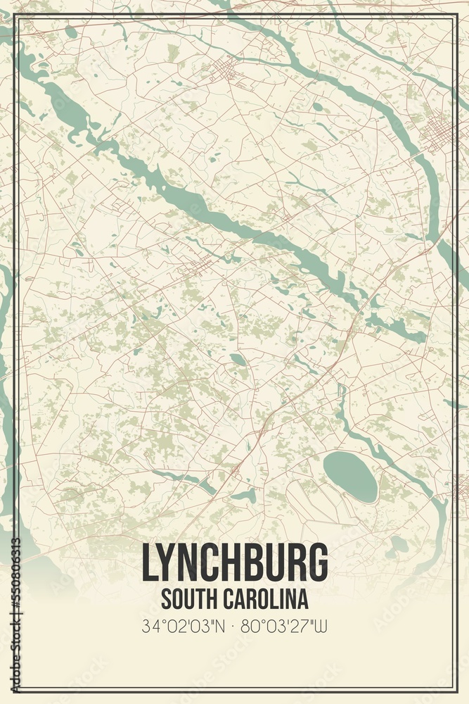 Retro US city map of Lynchburg, South Carolina. Vintage street map.