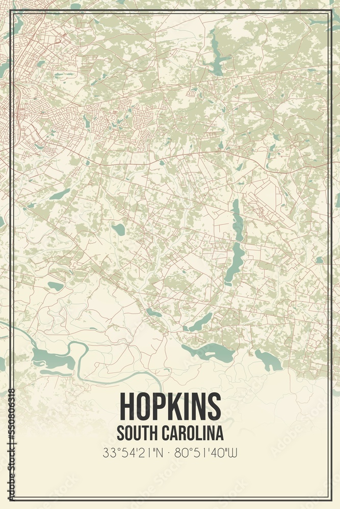 Retro US city map of Hopkins, South Carolina. Vintage street map.