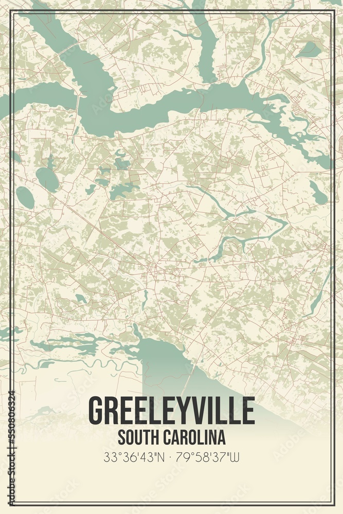 Retro US city map of Greeleyville, South Carolina. Vintage street map.