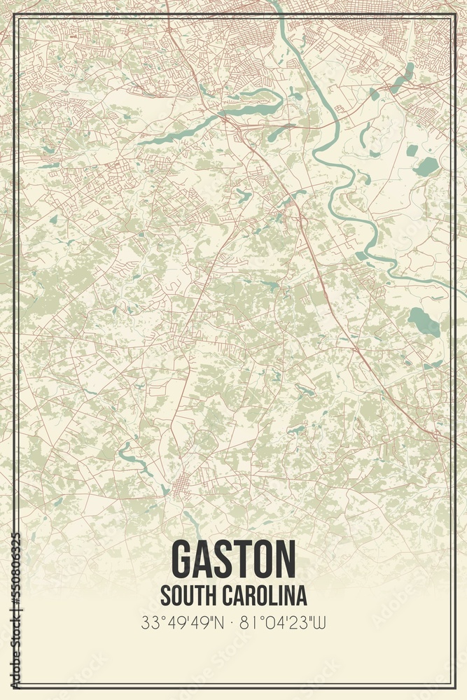 Retro US city map of Gaston, South Carolina. Vintage street map.