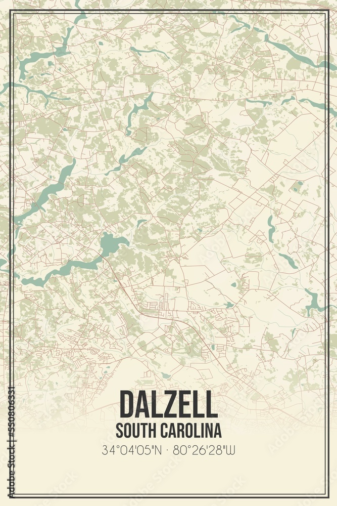 Retro US city map of Dalzell, South Carolina. Vintage street map.