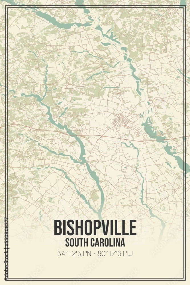 Retro US city map of Bishopville, South Carolina. Vintage street map.
