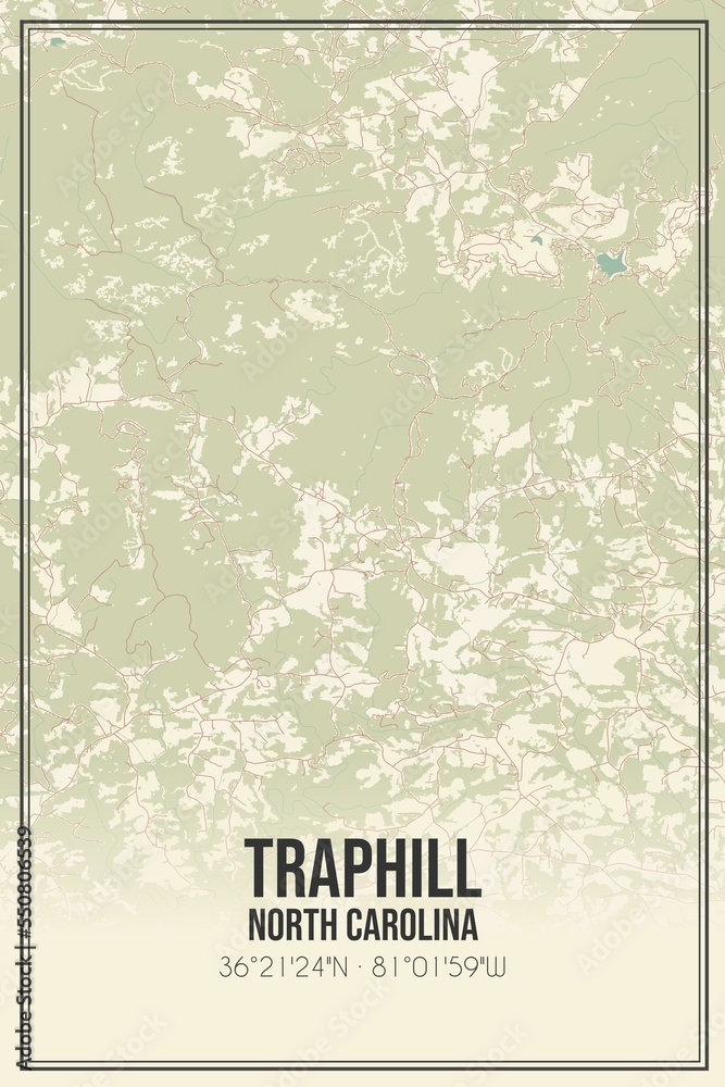Retro US city map of Traphill, North Carolina. Vintage street map.