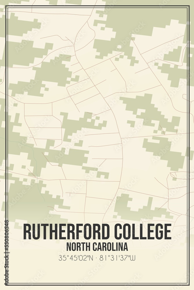 Retro US city map of Rutherford College, North Carolina. Vintage street map.