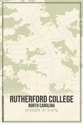 Retro US city map of Rutherford College  North Carolina. Vintage street map.
