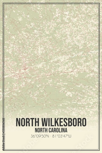 Retro US city map of North Wilkesboro, North Carolina. Vintage street map. photo