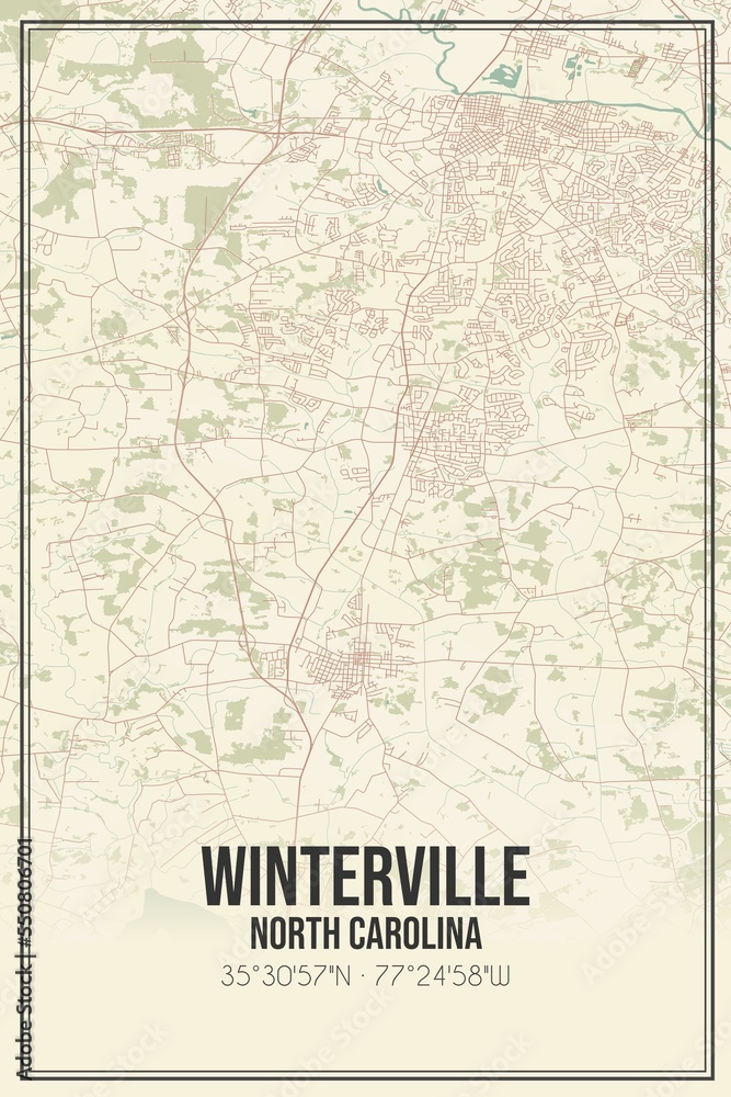 Retro US city map of Winterville, North Carolina. Vintage street map.
