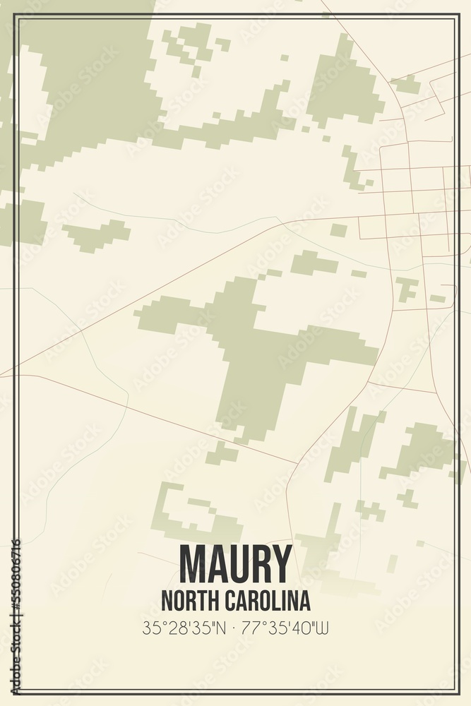 Retro US city map of Maury, North Carolina. Vintage street map.