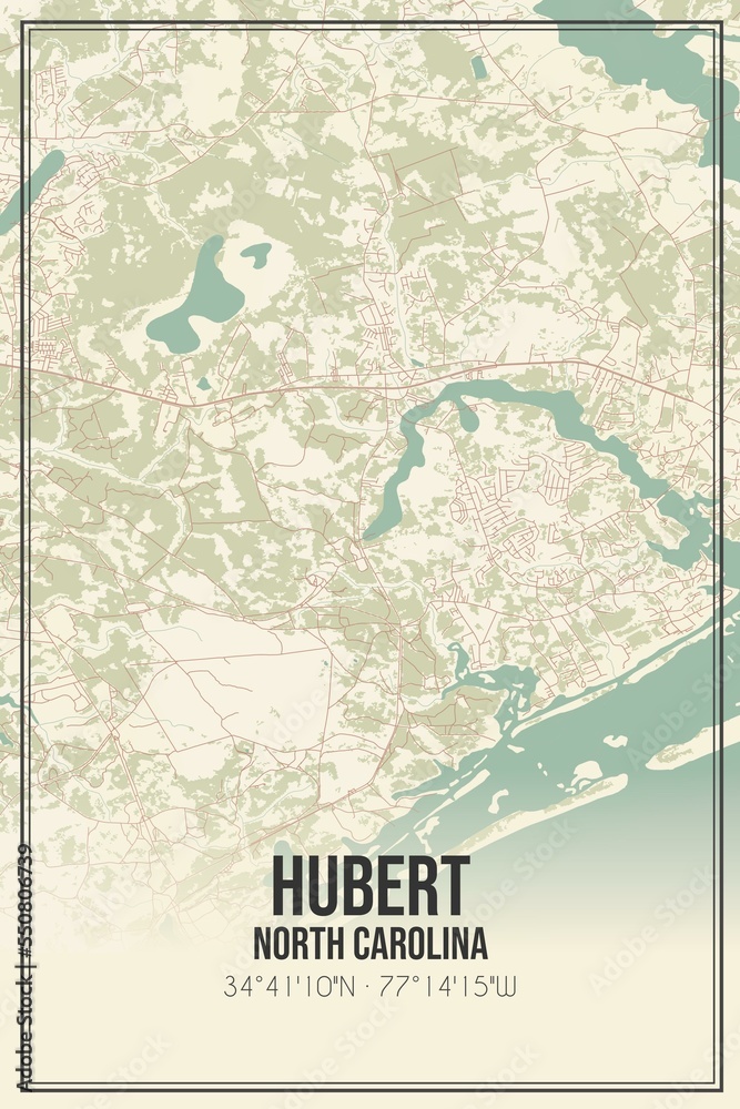 Retro US city map of Hubert, North Carolina. Vintage street map.