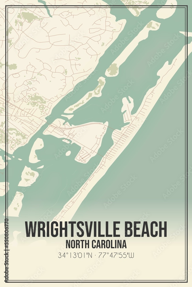 Retro US city map of Wrightsville Beach, North Carolina. Vintage street map.