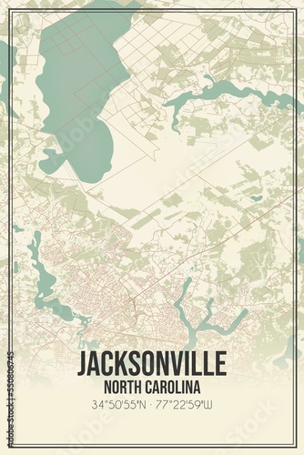 Retro US city map of Jacksonville  North Carolina. Vintage street map.
