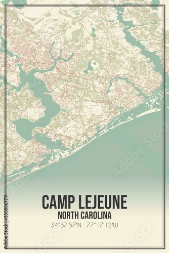 Retro US city map of Camp Lejeune, North Carolina. Vintage street map.