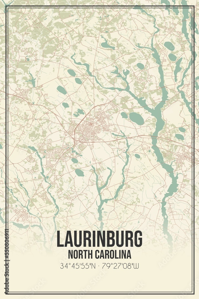 Retro US city map of Laurinburg, North Carolina. Vintage street map.