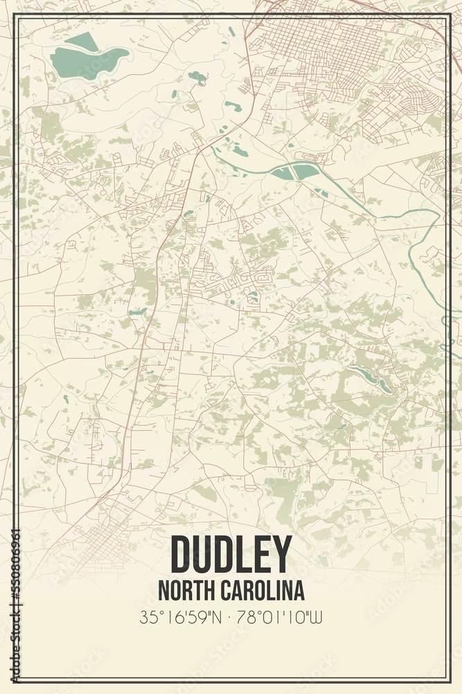 Retro US city map of Dudley, North Carolina. Vintage street map.