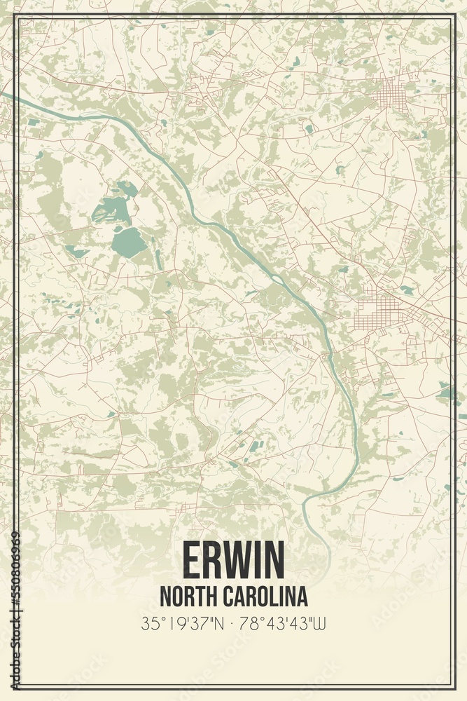 Retro US city map of Erwin, North Carolina. Vintage street map. Stock