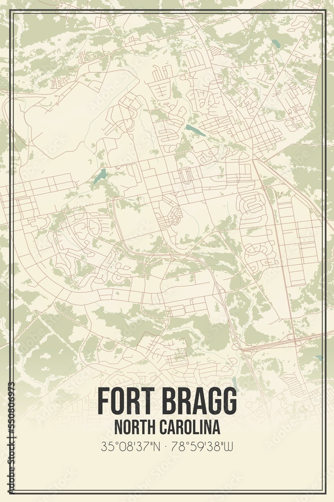 Retro US city map of Fort Bragg, North Carolina. Vintage street map.