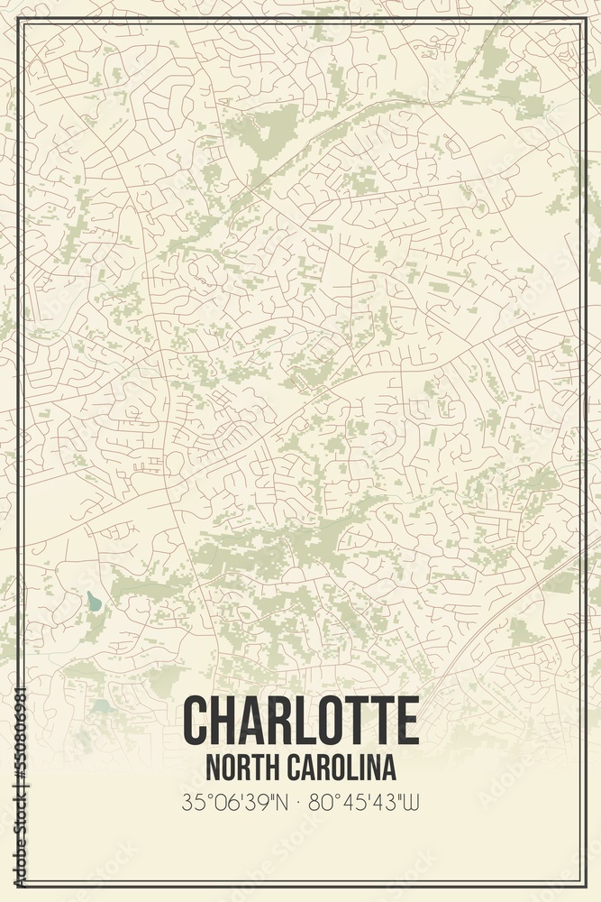 Retro US city map of Charlotte, North Carolina. Vintage street map.