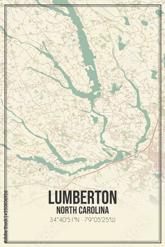 Retro US city map of Lumberton  North Carolina. Vintage street map.