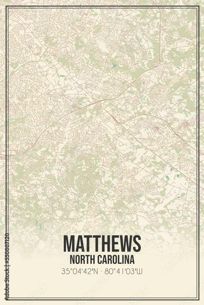 Retro US city map of Matthews, North Carolina. Vintage street map.
