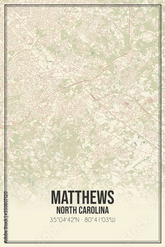 Obraz na płótnie Retro US city map of Matthews, North Carolina. Vintage street map. w salonie