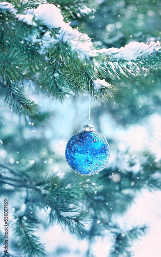 beautiful blue glass ball on snowy fir branch, abstract natural background. festive winter season. Christmas and new year holidays. copy space