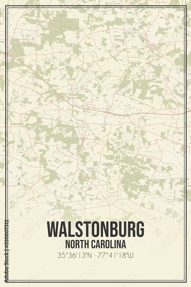 Retro US city map of Walstonburg, North Carolina. Vintage street map.