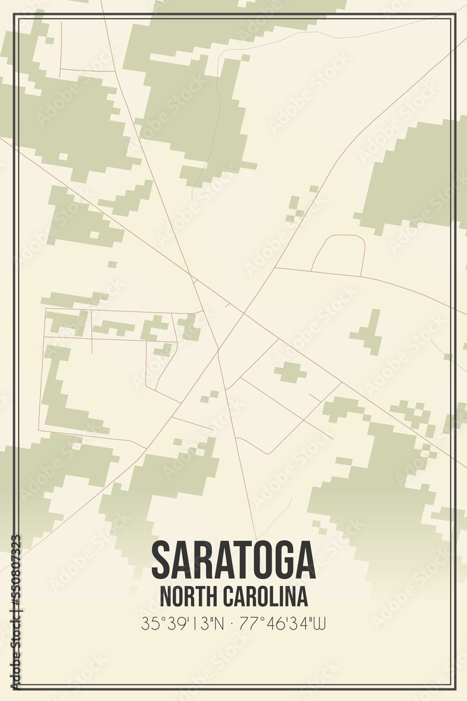 Retro US city map of Saratoga, North Carolina. Vintage street map.