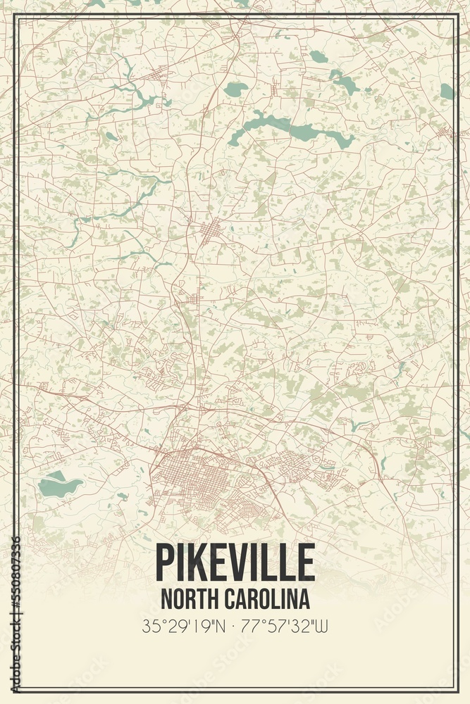 Retro US city map of Pikeville, North Carolina. Vintage street map.