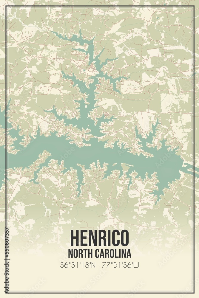 Retro US city map of Henrico, North Carolina. Vintage street map.