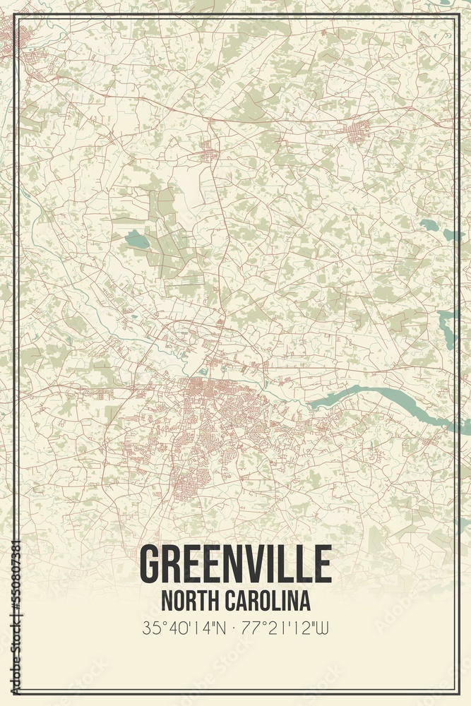 Retro US city map of Greenville, North Carolina. Vintage street map.