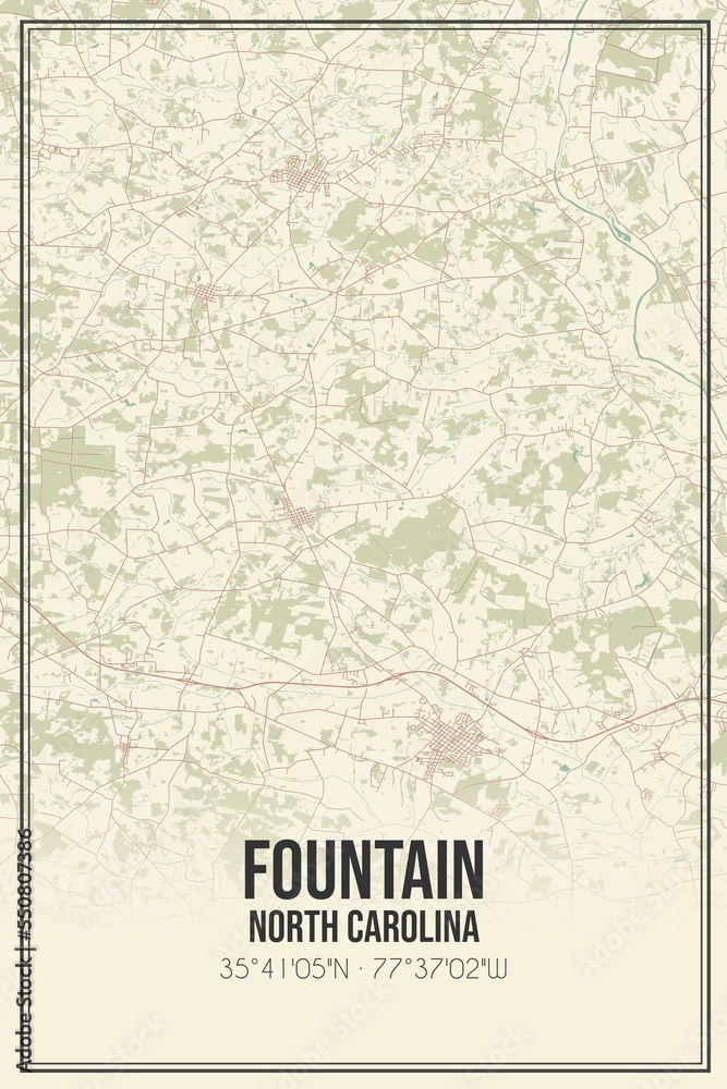 Retro US city map of Fountain, North Carolina. Vintage street map.