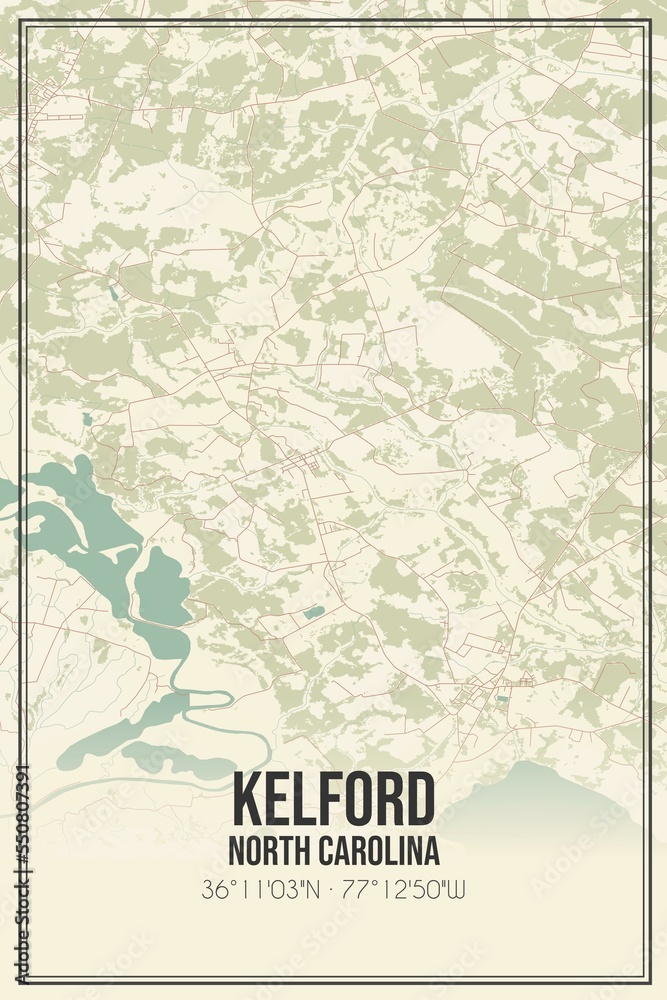 Retro US city map of Kelford, North Carolina. Vintage street map.
