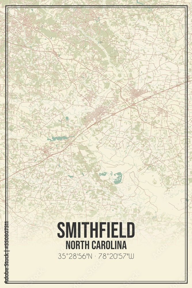 Retro US city map of Smithfield, North Carolina. Vintage street map.