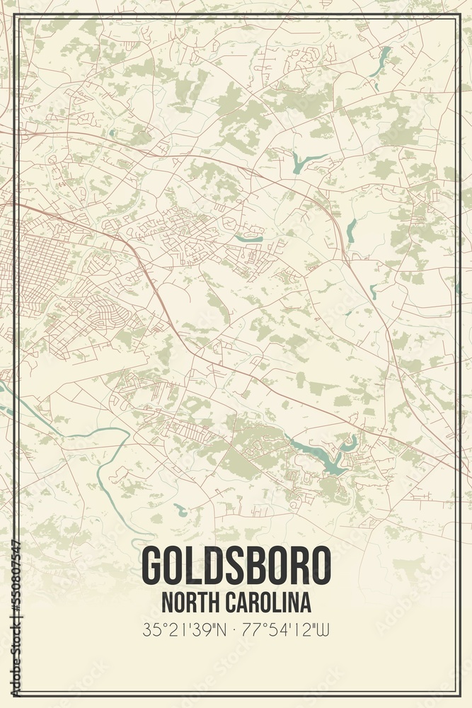Retro US city map of Goldsboro, North Carolina. Vintage street map.