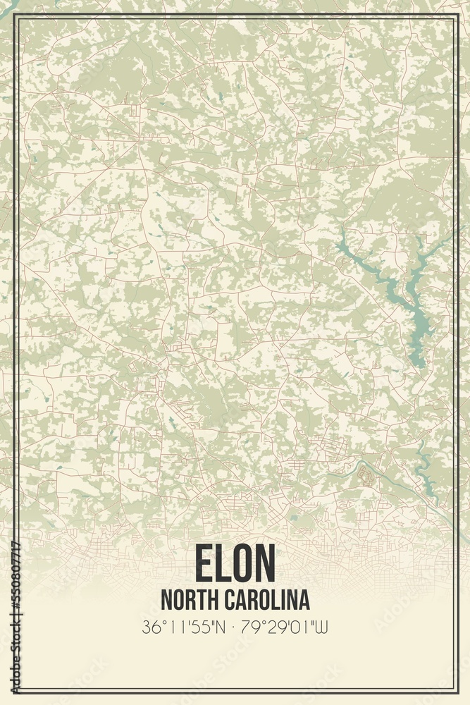 Retro US city map of Elon, North Carolina. Vintage street map.