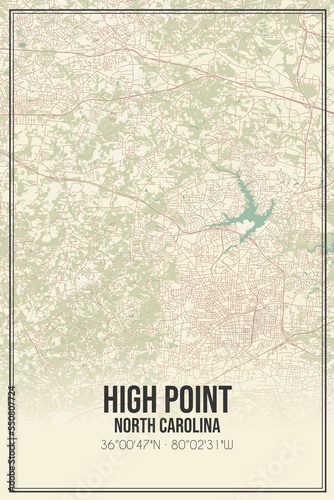 Retro US city map of High Point, North Carolina. Vintage street map.