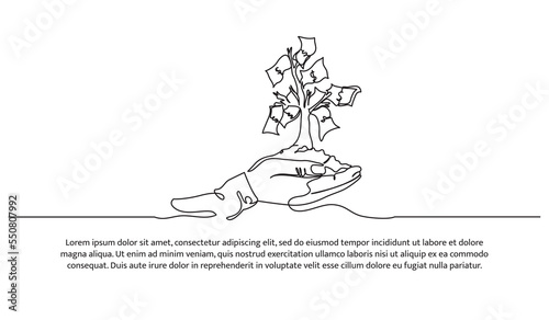 Simple continuous line design of money tree. The concept of investment, business development and profit growth. Decorative elements drawn on a white background.