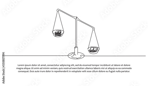 Simple continuous line design of money scales. The value of the dollar is getting stronger compared to other currencies. Decorative elements drawn on a white background.