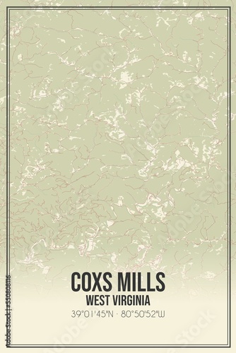 Retro US city map of Coxs Mills, West Virginia. Vintage street map.