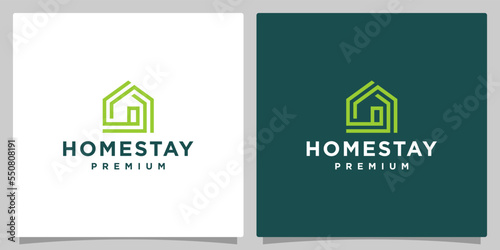 House logo design template with with a line shape design vector illustration. home stay or hotel icon, symbol, creative.