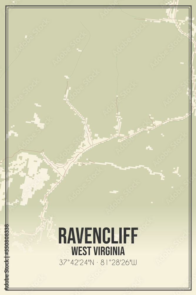 Retro US city map of Ravencliff, West Virginia. Vintage street map.