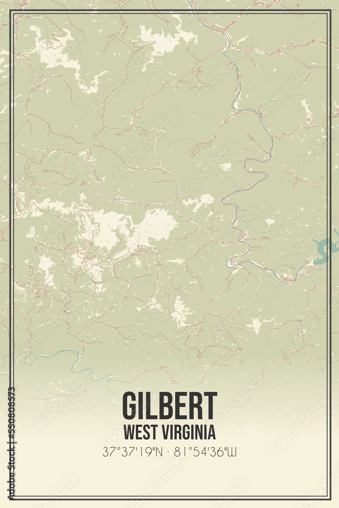 Retro US city map of Gilbert, West Virginia. Vintage street map. Stock