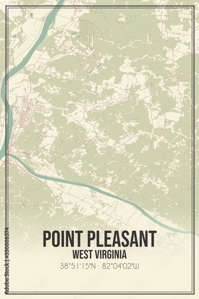 Retro US city map of Point Pleasant, West Virginia. Vintage street map.