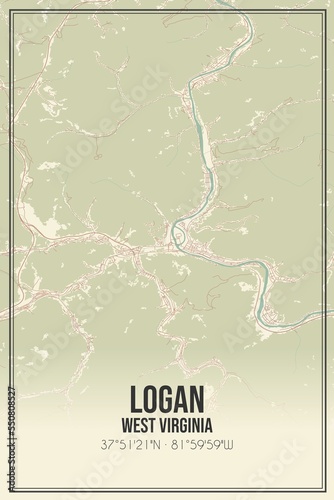 Retro US city map of Logan, West Virginia. Vintage street map.