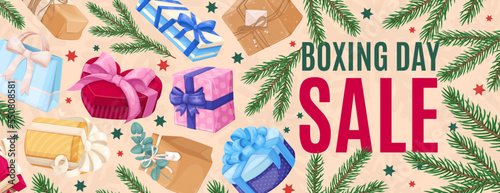Boxing day sale banner design template vector illustration. Cartoon Xmas gift boxes of different shapes, bow and ribbon decoration, spruce branches in promo offer for sales deal on winter holiday